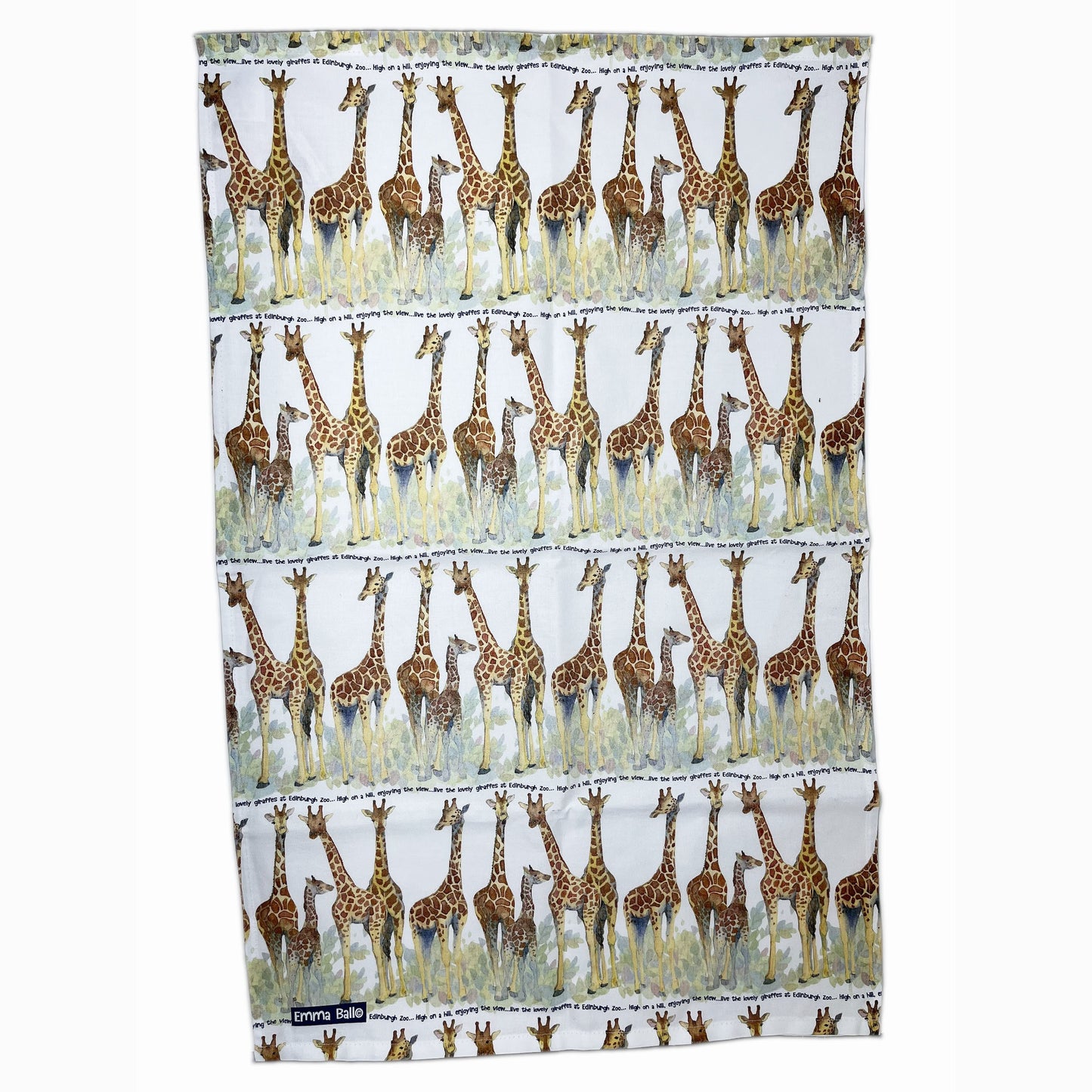 This beautiful tea towel shows an Edinburgh Zoo exclusive giraffes design by Emma Ball. It would be an ideal gift for any cooking enthusiast, or would be a great addition to your kitchen!   Designed and made in the UK.   Dimensions: 48 x 76cm. 