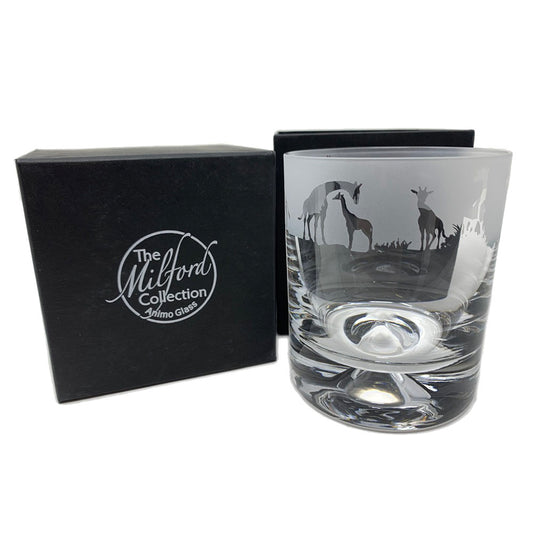 This Giraffe design whisky tumbler from the Milford Collection is hand crafted and designed to create that perfect gift for that special person.  Dimensions: Whisky Tumbler Glass: Height: 9.5cm Width: 7.5cm  In the box Height: 10.5cm Width: 9.5cm, 