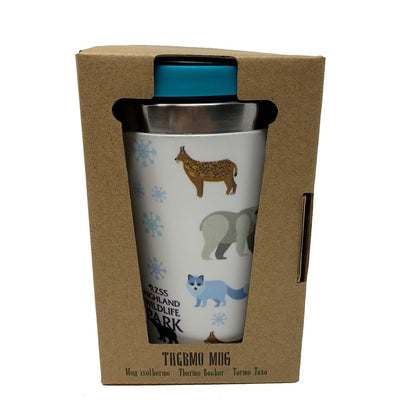 Stainless steel thermo travel mug from the Highland Wildlife Park featuring our wolves, amur tiger, red panda, snow leopard, lynx and polar bear. Double walled mug to keep your drinks hot or cold, without scalding or chilling your hands. Screw lid with flip drinking port for safe transport and easy cleaning. 14 x 8.5cm Dishwasher safe