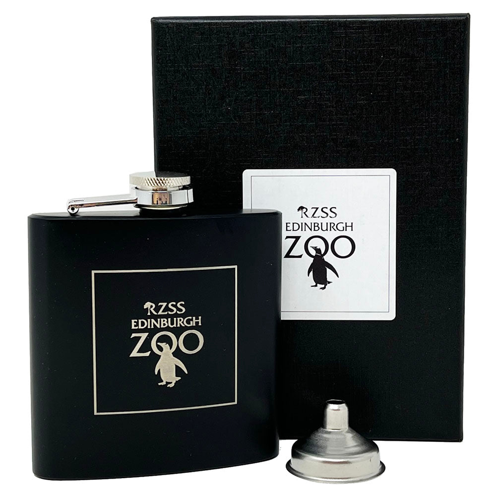 This brand new exclusive Edinburgh Zoo logo Hip flask is one of a kind. It comes in a bespoke gift box and is the ideal gift for a special occasion.   6oz S/Steel  Box Dimensions: 17cm x 12cm  Flask Dimensions: 10.5cm x 9cm
