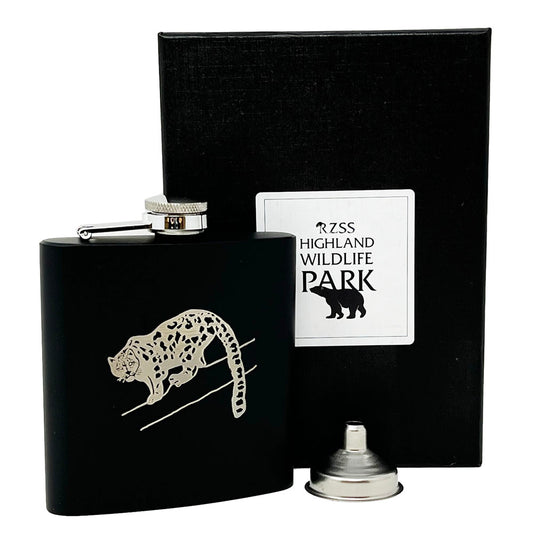 This brand new exclusive Highland Wildlife Park Snow Leopard Hip flask is one of a kind. It comes in a bespoke gift box and is the ideal gift to give to someone this festive season.  6oz S/Steel  Box Dimensions: 17cm x 12cm  Flask Dimensions: 10.5cm x 9cm