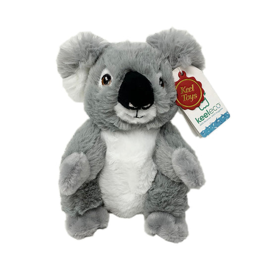 This Koala by Keel is made from 100% recycled materials. Plush body for super soft cuddling, felt nose to rub and weighted to stand perfectly.  Hand wash.  18cm tall.
