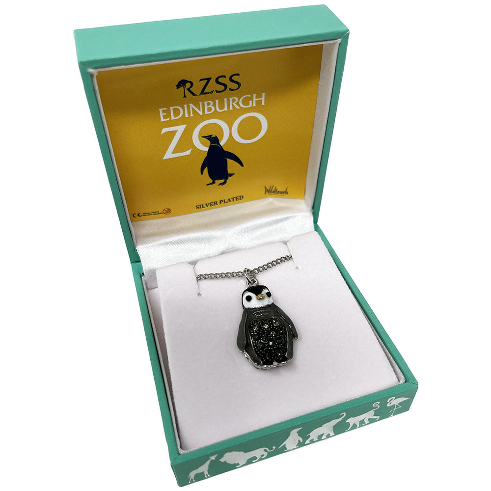 Spread some sparkle with this dazzling Edinburgh Zoo Boxed Baby Penguin Pendant. Silver plated pendant and chain, comes in an Edinburgh Zoo branded gift box.