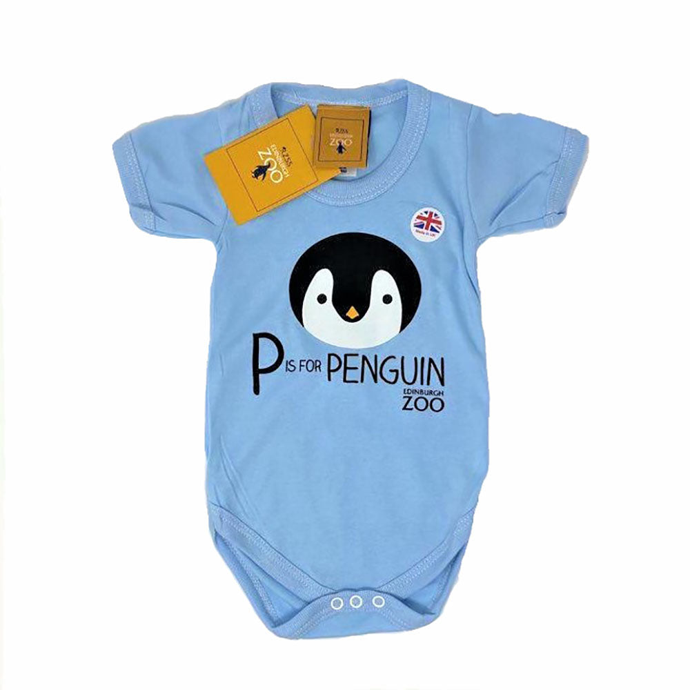 Edinburgh Zoo branded short sleeve babygrow in blue with penguin design.  Made in the UK using 100% cotton. 