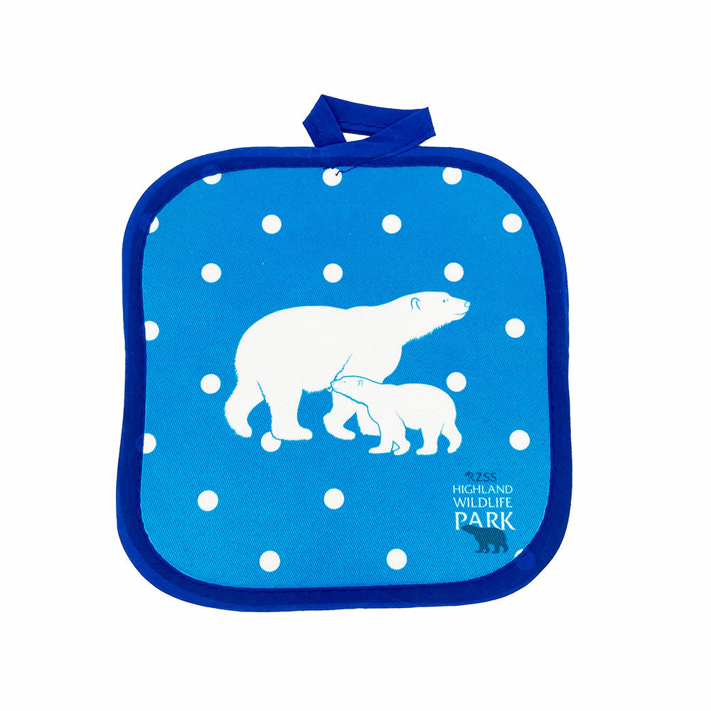 Bespoke Highland Wildlife Park pot holder/oven mitt in Sky Blue and White, with Dark Blue trim and hanging loop. Features Hamish and Victoria design & Highland Wildlife Park logo.  Dimensions: 17.3cm x 17.3cm    
