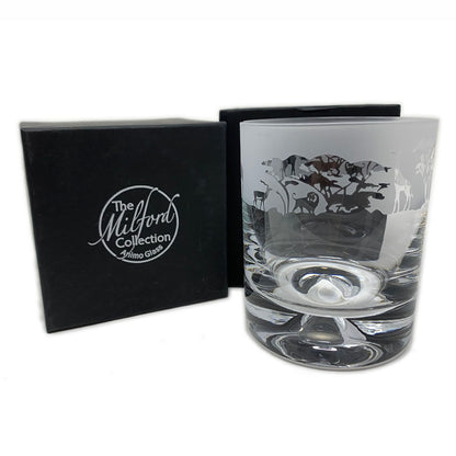 This safari design whisky tumbler is hand crafted and designed to create that perfect gift for that special person.  Dimensions: Whisky Tumbler Glass: Height: 9.5cm Width: 7.5cm  In the box Height: 10.5cm Width: 9.5cm, 