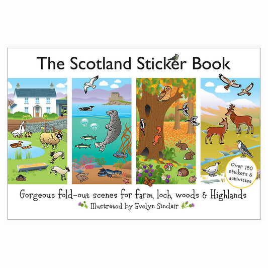 Explore the wildlife of Scotland's farm, sea, loch, woods and Highlands with this unique sticker activity book. Bring each fold-out panoramic scene to life with more than 200 stickers and activities and enjoy the many puzzles, games and facts while learning about native wildlife and local breeds.  Made in consultation with the Scottish Wildlife Trust, this book will entertain and inspire children of all ages - and supply hours of animal-themed fun and learning.