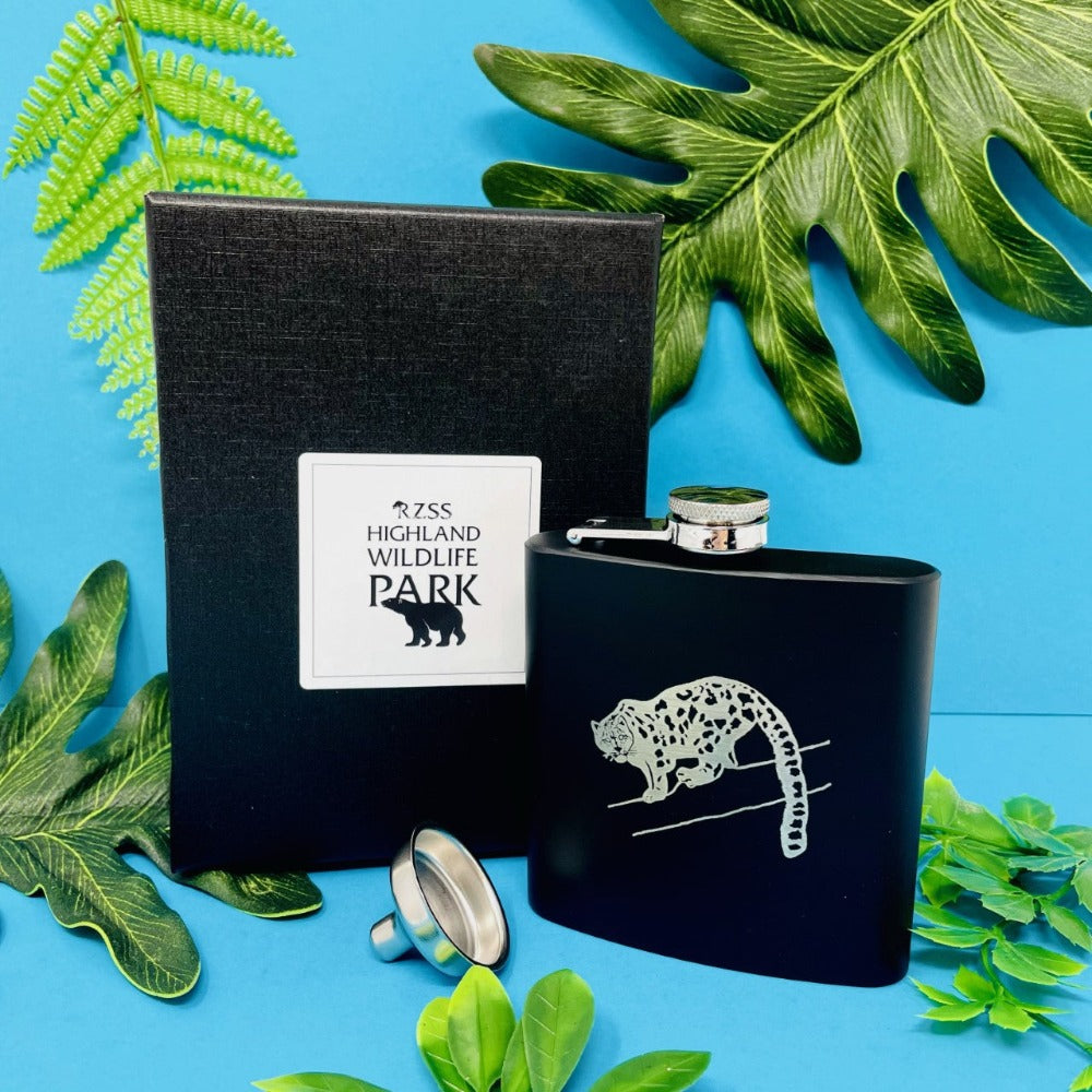 This brand new exclusive Highland Wildlife Park Snow Leopard Hip flask is one of a kind. It comes in a bespoke gift box and is the ideal gift to give to someone this festive season.  6oz S/Steel  Box Dimensions: 17cm x 12cm  Flask Dimensions: 10.5cm x 9cm