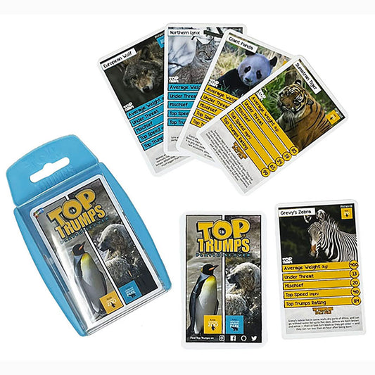 Exclusive edition of the popular Top Trumps card game, featuring 30 animals found at either Edinburgh Zoo, Highland Wildlife Park or both sites. Find out some fascinating facts including "who is the most mischievous" while you play. Buy online to receive a Super Top Trumps card, exclusive to RZSS. Suitable for ages 6+. Comes in Edinburgh Zoo Yellow or Highland Wildlife Park Blue.