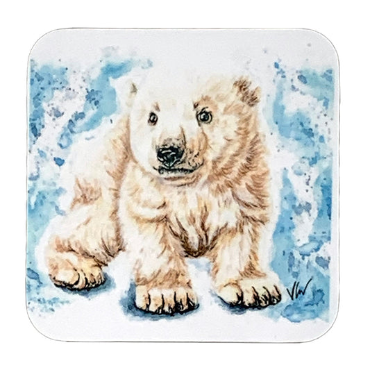 These lovely Brodie the Polar Bear Cub coasters by Victoria Gordon are perfect to brighten up any table!   The coasters have a luxurious glossy surface, with a hardback and heat resistant up to 100°C.   Made in the UK and handprinted by Victoria in her home workshop.  Dimensions: 9 x 9cm.   Weight: 20g