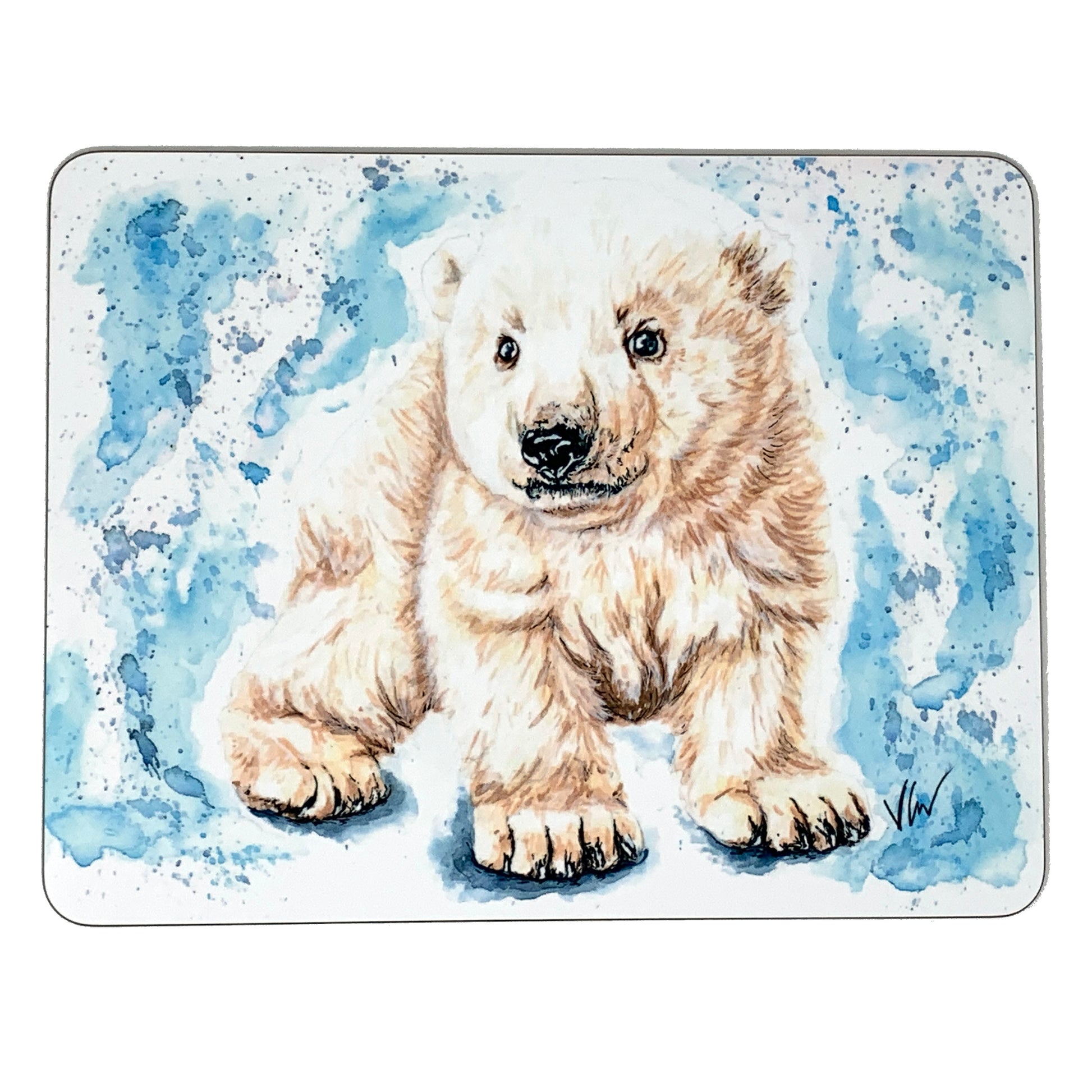 These lovely Brodie the Polar Bear Cub placemats by Victoria Gordon are perfect to brighten up any table!   Each glossy placemat has a hard back and is heat resistant to 100°C. They are also easily wiped clean.   Dimensions: 26 x 20cm  Handmade by Victoria in her home workshop.  Weight: 160g