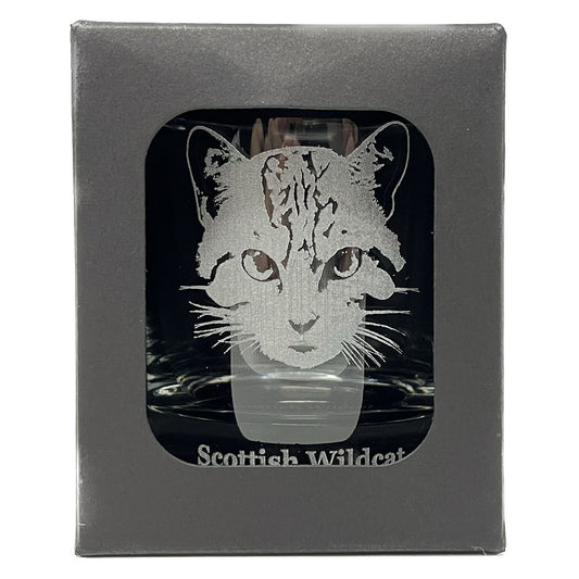 Heavy base tumbler whisky glass from RZSS with Scottish Wildcat etching. A beautifully balanced glass standing 8cm high with a 6.5cm diameter. Presented in recyclable gift box.