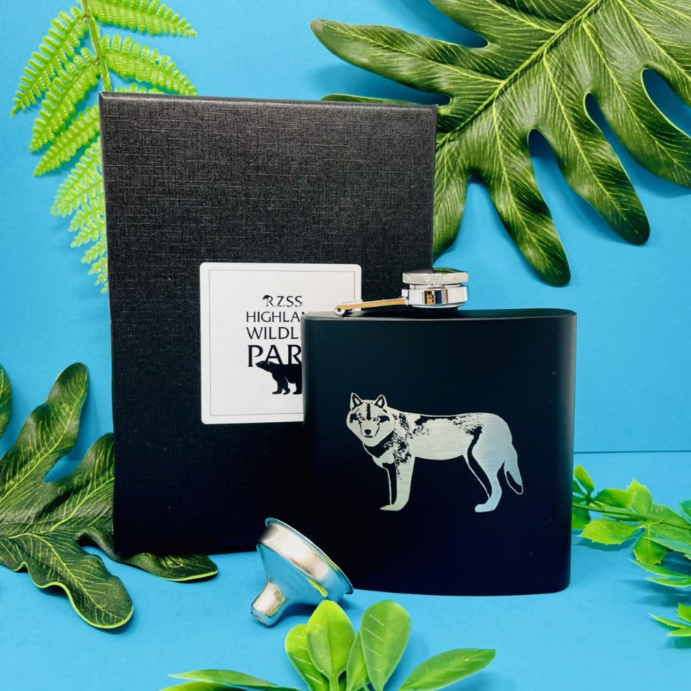This brand new exclusive Highland Wildlife Park Wolf Hip flask is one of a kind. It comes in a lovely Highland Wildlife Park box and is the ideal gift to give to someone this festive season.  6oz S/Steel  Box Dimensions: 17cm x 12cm  Flask Dimensions: 10.5cm x 9cm