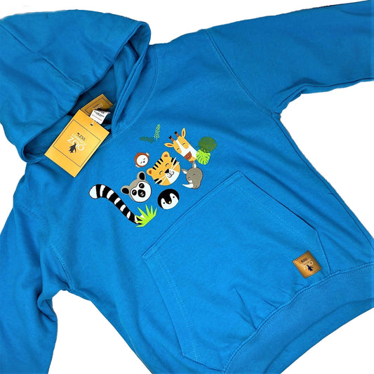 Bespoke Edinburgh Zoo design hoodie featuring animal faces from some popular Zoo residents!   Cotton hoodie in blue.