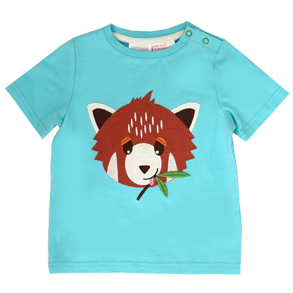 Chip the Red Panda Summer T-Shirt by Blade & Rose in brushed cotton with embroidered Red Panda design.   The necklines on these t-shirts are designed to stop irritation on young skin and come with poppers for easy access.  Made from sustainable cotton.