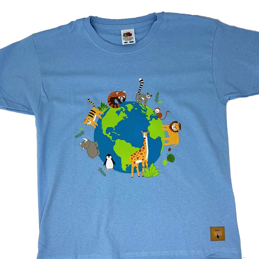 Bespoke Edinburgh Zoo design t-shirt featuring animals around the world.   Cotton t-shirt in sky blue colour. Comes with woven Edinburgh Zoo label.