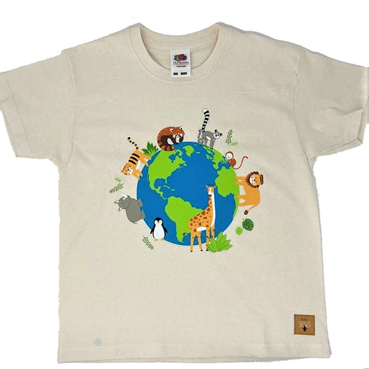 Bespoke Edinburgh Zoo design t-shirt featuring animals around the world.   Cotton t-shirt in natural colour. Comes with woven Edinburgh Zoo label. 