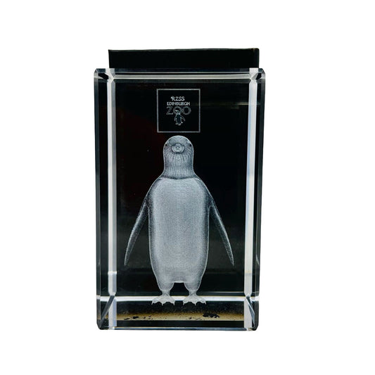 This beautifully designed 3D laser etched glass block can only be found at Edinburgh Zoo.   It is ideal as a general ornament or as a stylish paperweight. It is approximately 8cm x 5cm (3 inch x 2 inch) and comes in a storage box. 