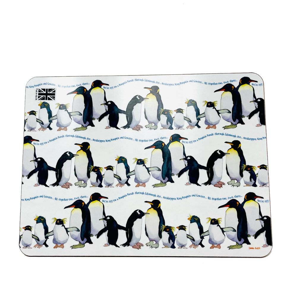 This placemat shows an Edinburgh Zoo exclusive penguin parade design by Emma Ball. The board will make a great addition to any kitchen and is a perfect gift!   The placemat will also go well with our Emma Ball Penguin Coasters.   Designed and made in the UK.   Dimensions: 29 x 22cm.