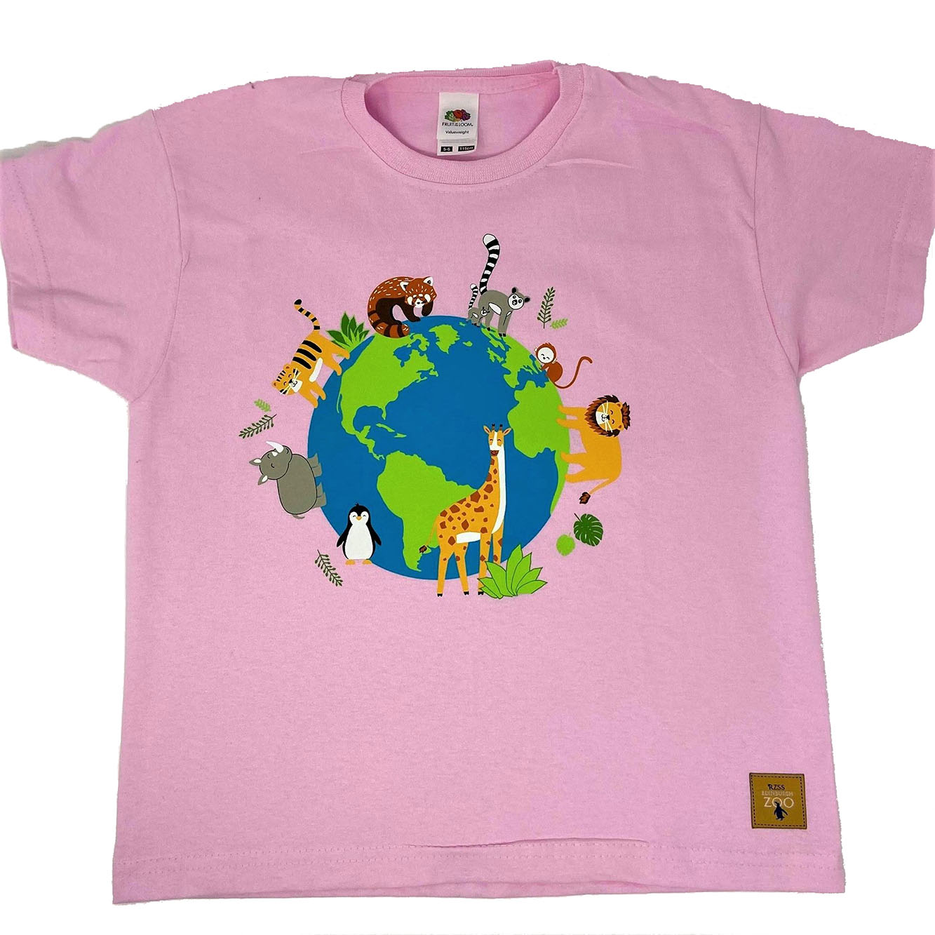Bespoke Edinburgh Zoo design t-shirt featuring animals around the world.   Cotton t-shirt in pink colour. Comes with wo