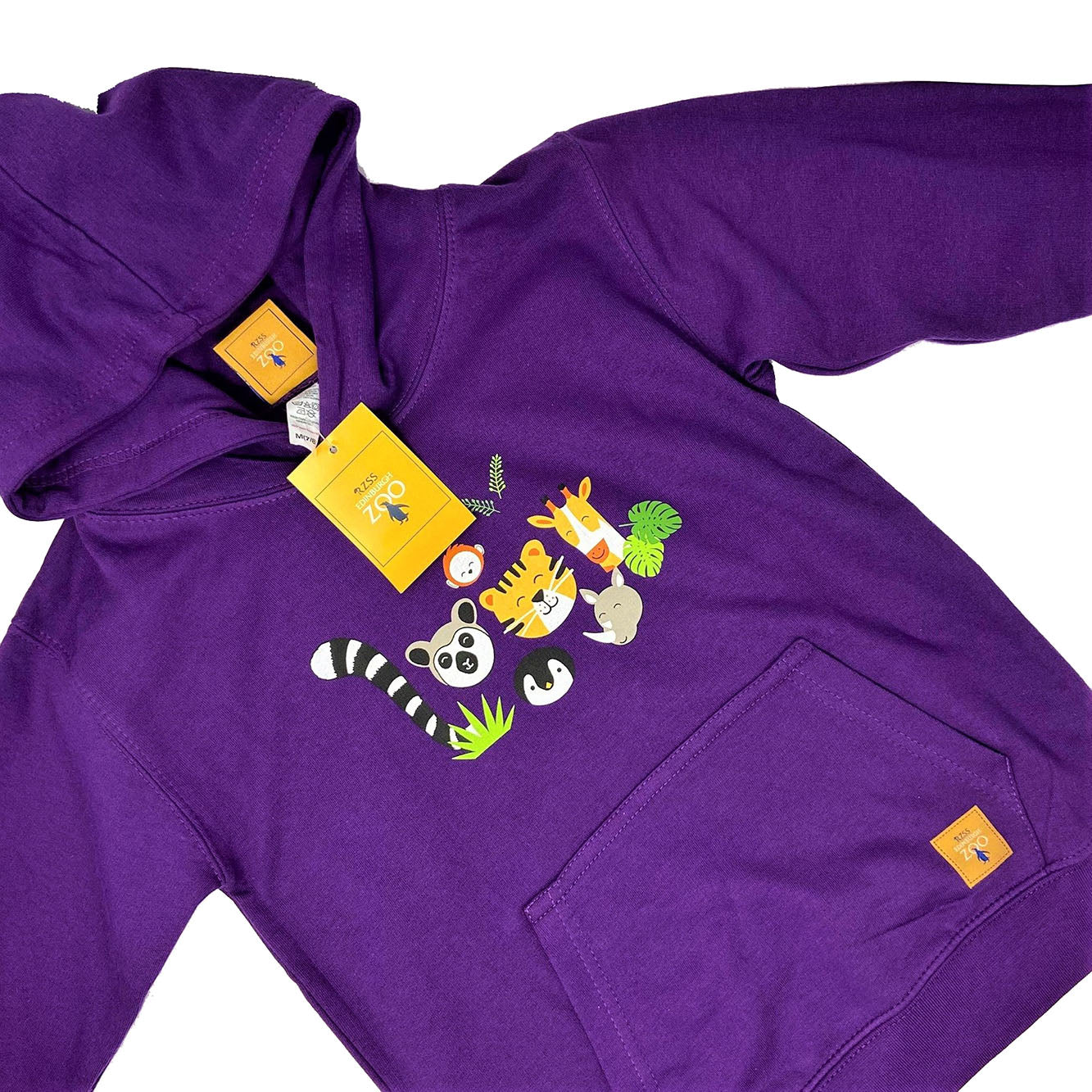 Bespoke Edinburgh Zoo design hoodie featuring animal faces from some popular Zoo residents!   Cotton hoodie in purple. 